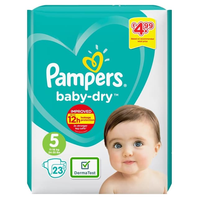 Pampers Baby-Dry Size 5, 23 Nappies, 11-16kg, Carry Pack