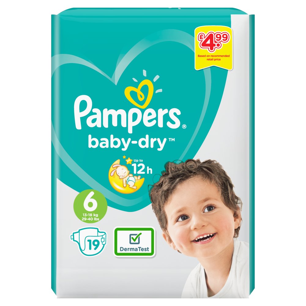 Pampers Baby-Dry Size 6, 19 Nappies, 13-18kg, Carry Pack